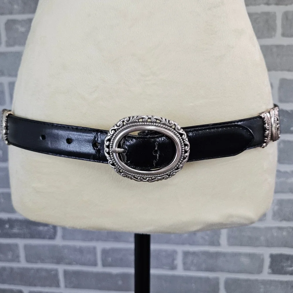 Reversible Brown Croc Embossed & Black Leather Belt Western Boho Silver Buckle - Picture 2 of 9